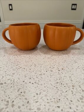 Pottery Barn Orange Pumpkin Ceramic Mug, Set of 2